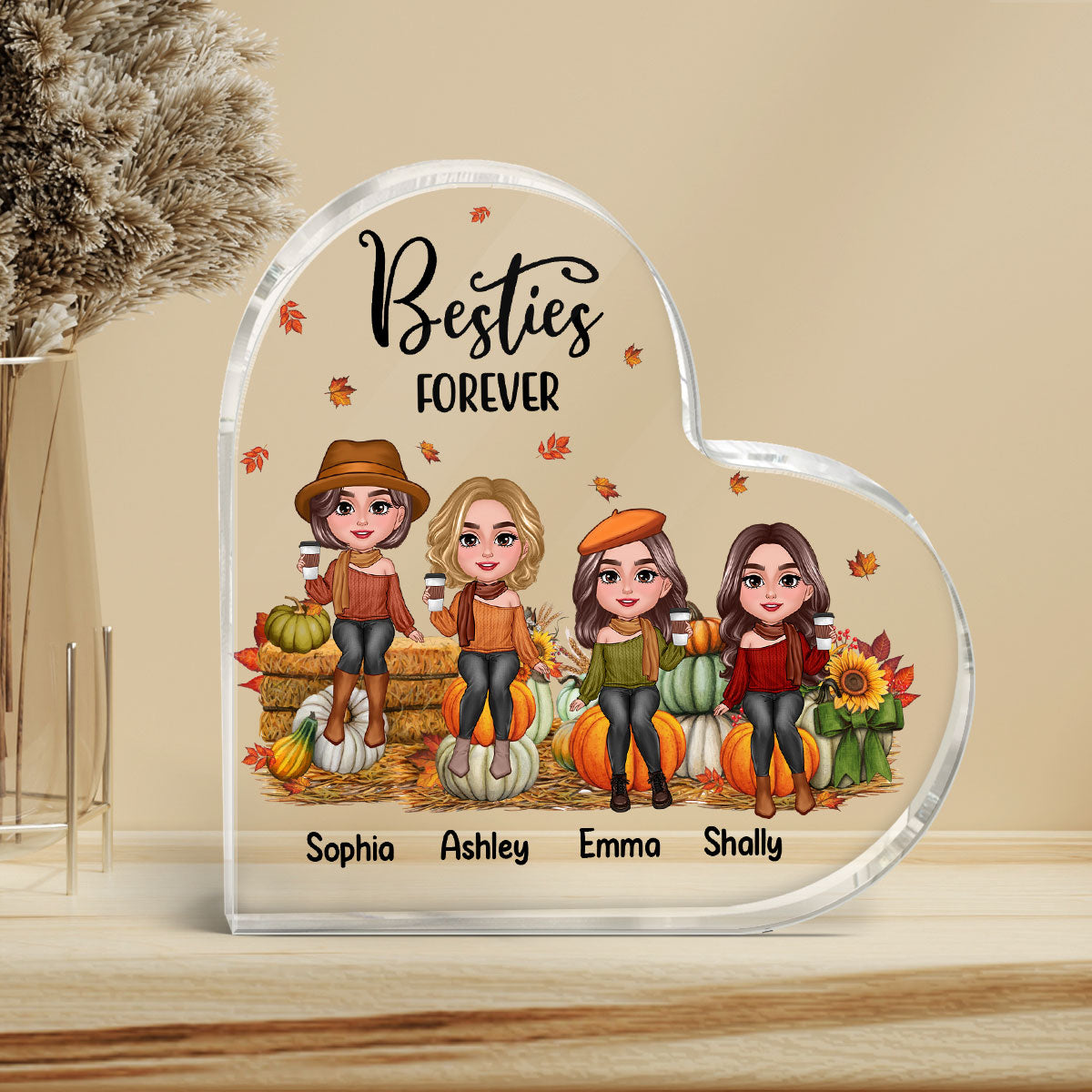 Fall Season Best Friends Sisters Sitting On Pumpkins Personalized Acrylic Heart Plaque
