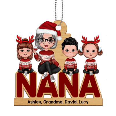 Grandma & Grandkids Sitting Christmas Personalized Wooden Ornament