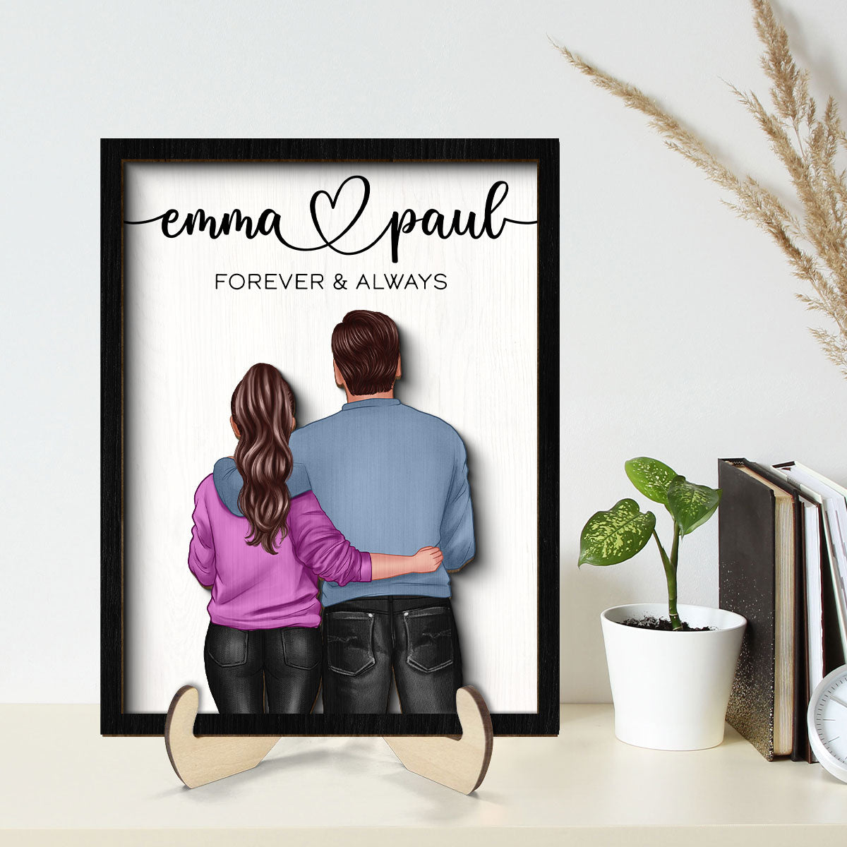 Couple Forever & Always Standing Back View Valentine‘s Day Gift For Him Gift For Her Personalized 2-Layer Wooden Plaque