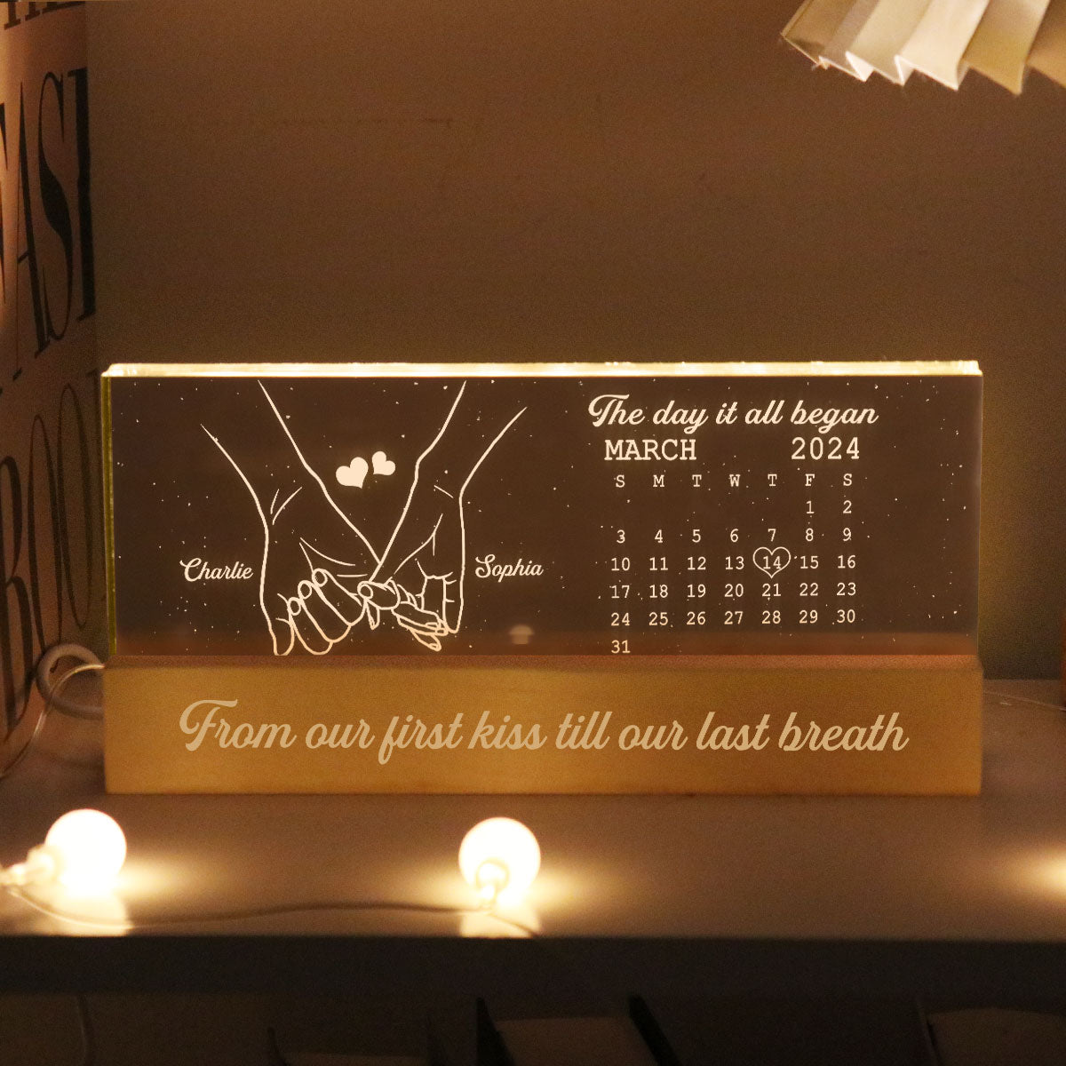 The Day It All Began Couple Anniversary Calendar Keepsake Hand In Hand Personalized Acrylic Block LED Night Light