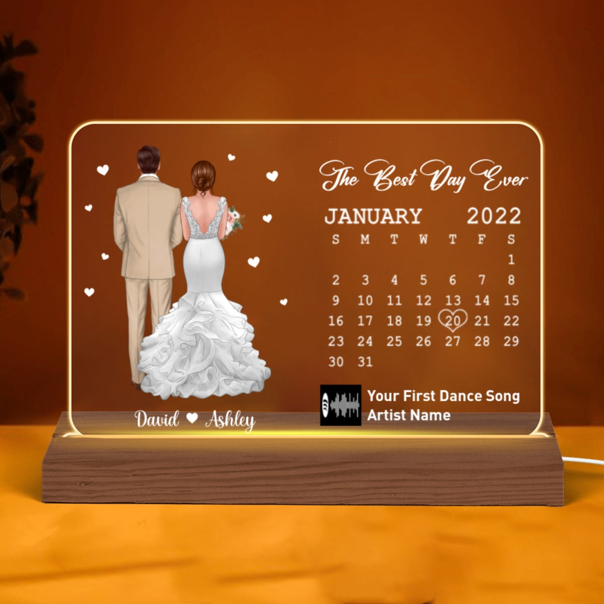 First Dance Song Wedding Anniversary Calendar Gift Couple Back View Scannable QR Code Personalized Horizontal Acrylic Plaque With LED Night Light