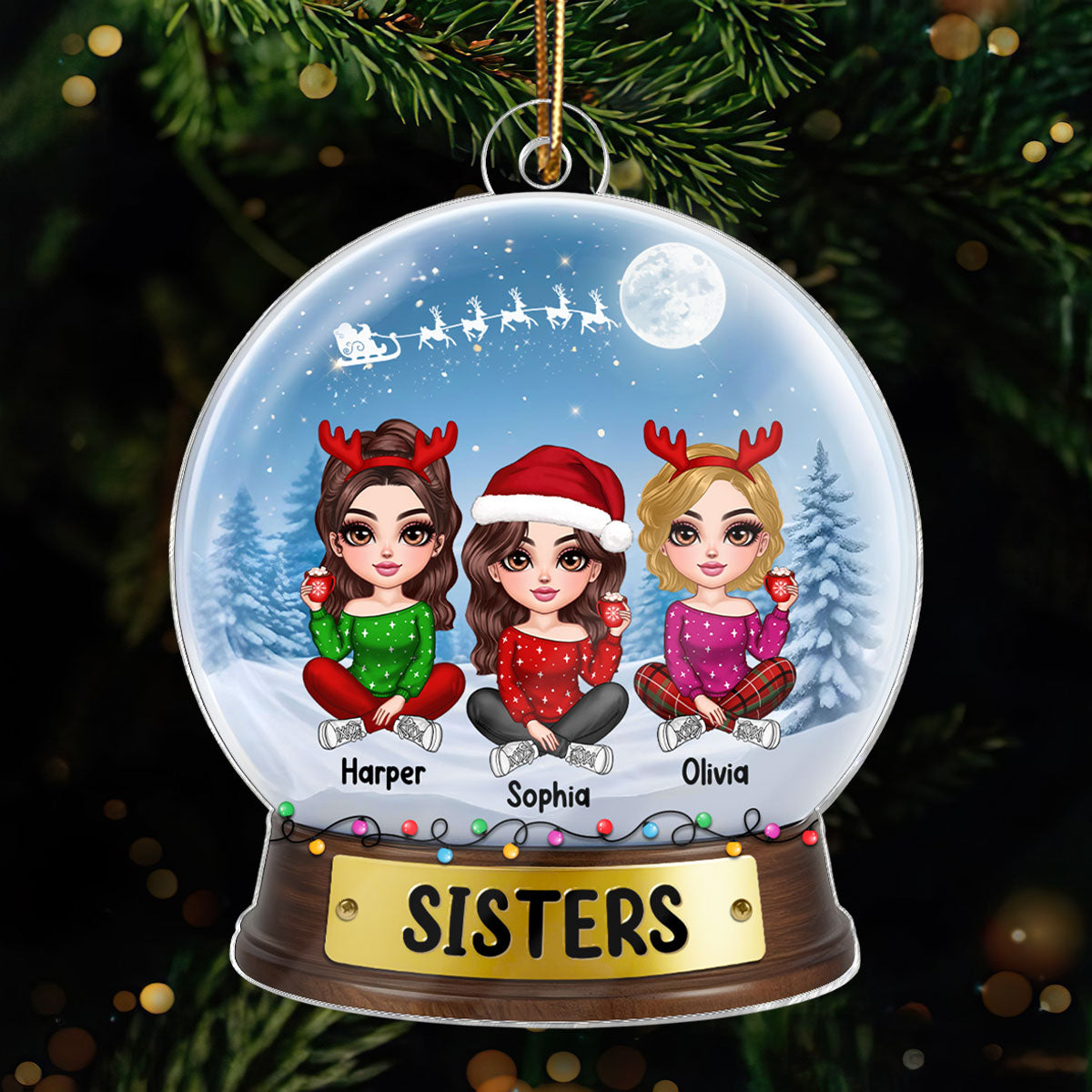 Lovely Sisters In Snow Globe Personalized Acrylic Ornament, Christmas Gift For Sisters