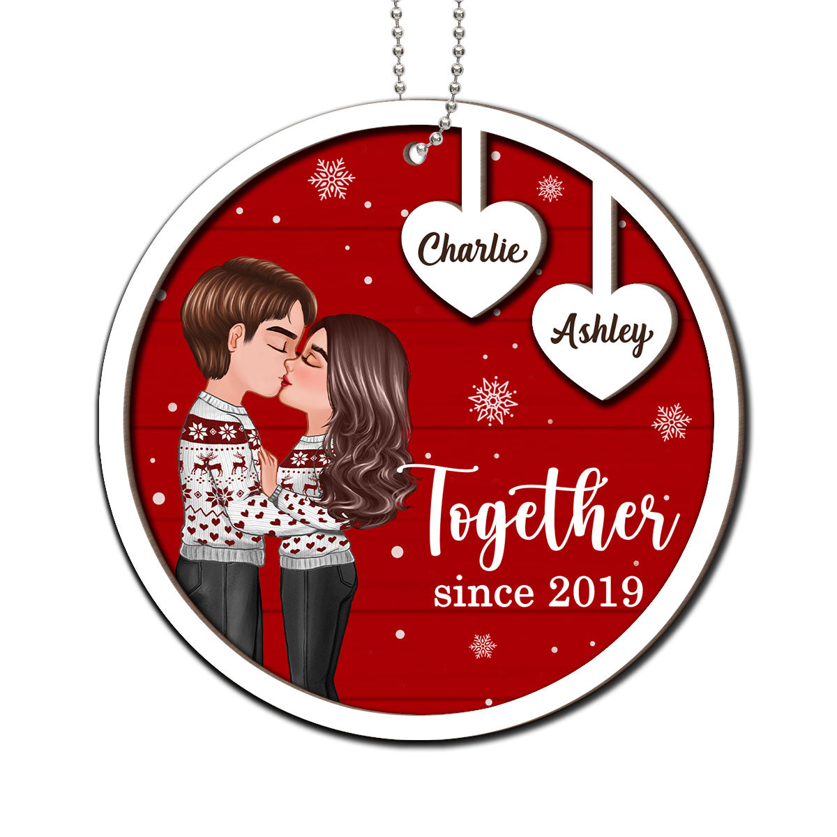Coupe Kissing Heart Strings Christmas Personalized 2-Layer Wooden Ornament