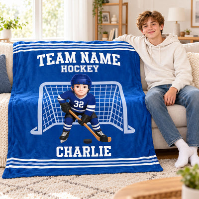 Hockey Boy Girl Custom Name And Team Name - Personalized Fleece Blanket - Christmas Gift For Hockey Players, Grandson, Son, Granddaughter, Daughter