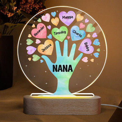 Grandma Tree Hand & Colorful Hearts Personalized Acrylic Plaque With LED Night Light