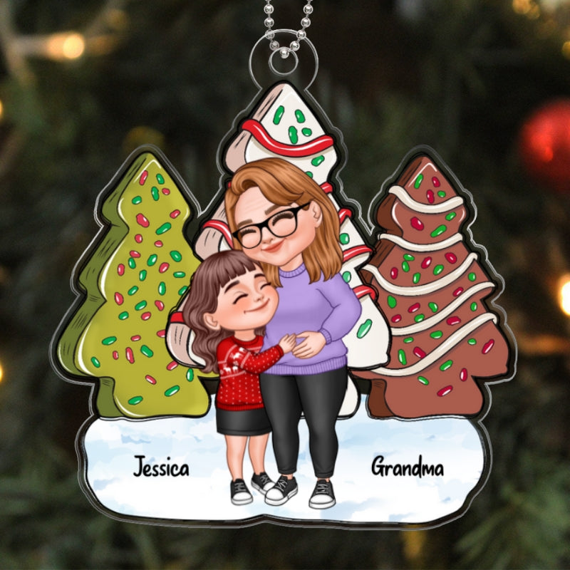 Christmas Tree Cake Patterned Cartoon Grandma & Grandkids Hugging Personalized Acrylic Ornament