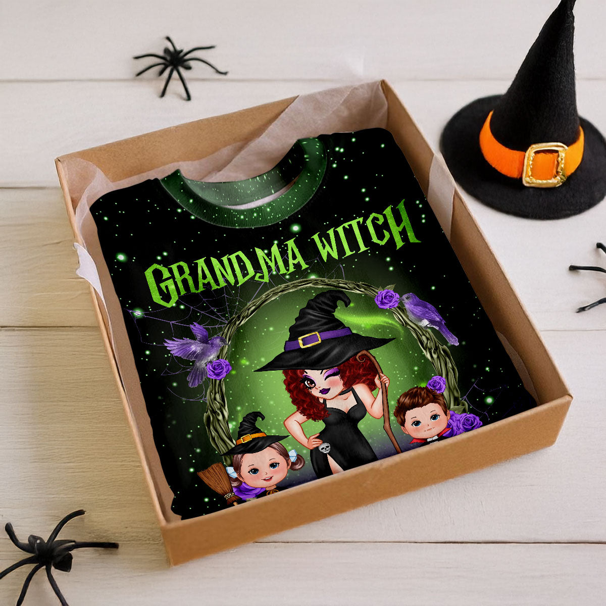 Purple And Green Pretty Grandma Witch & Kids Personalized Shirt, Halloween Costume for Grandma