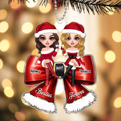 Pretty Christmas Besties Coquette Bow Personalized Acrylic Ornament
