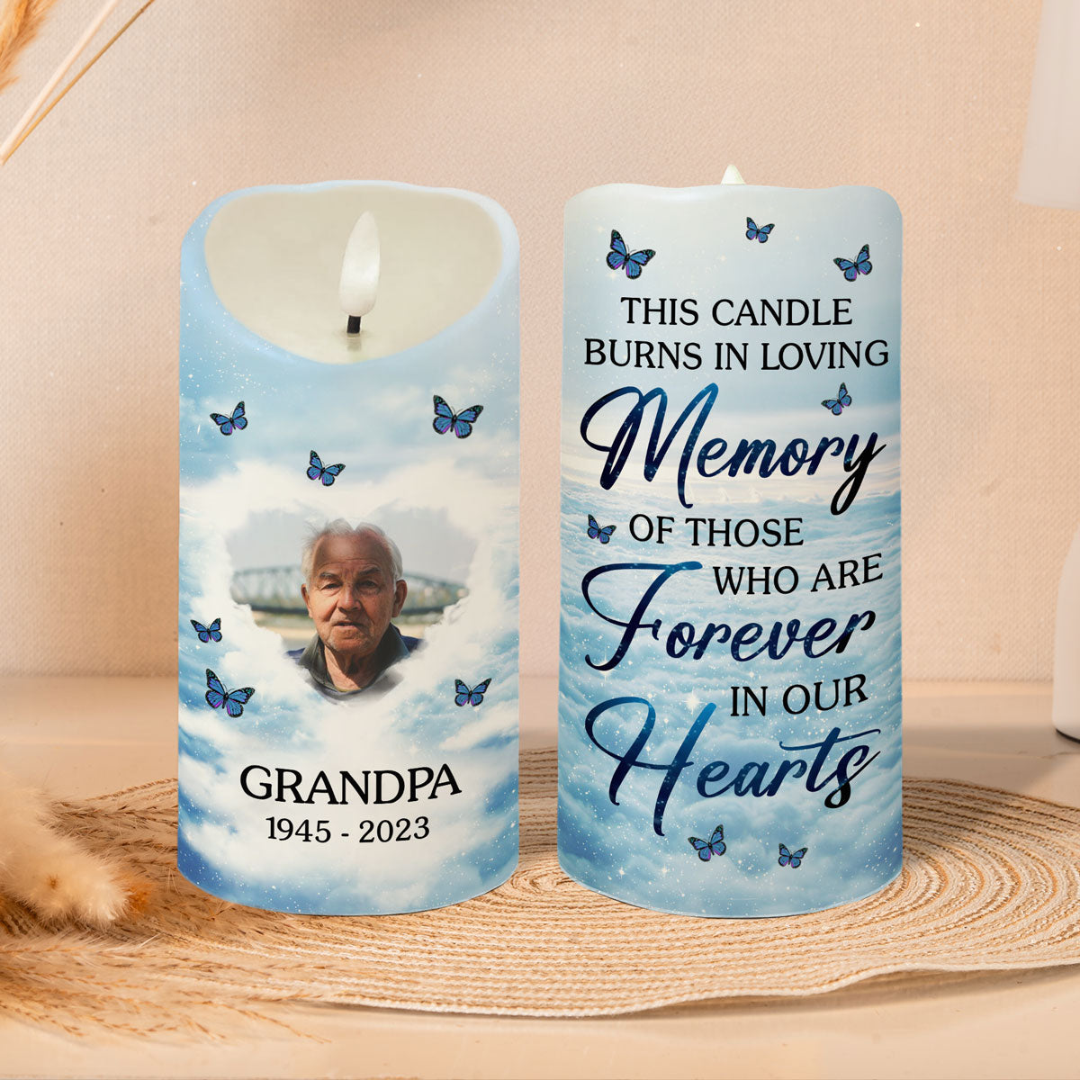 This Candle Burns In Loving Memory Sky Photo Upload Memorial Personalized LED Candle