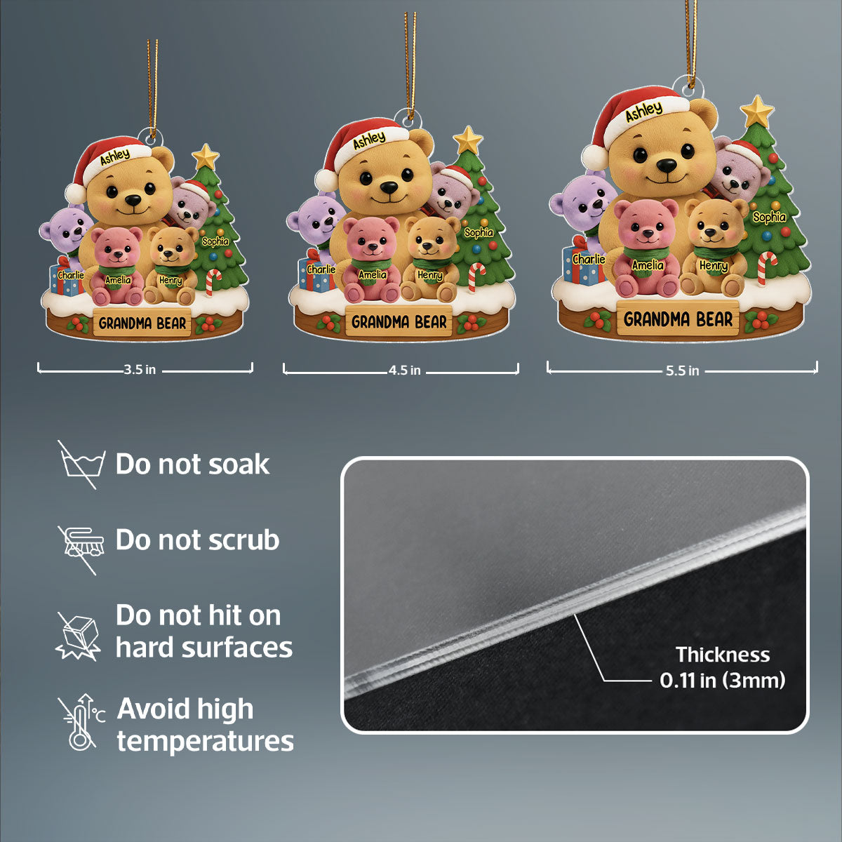 Grandma Bear Sitting with Grandkids Personalized Acrylic Ornament, Christmas Gift for Grandma
