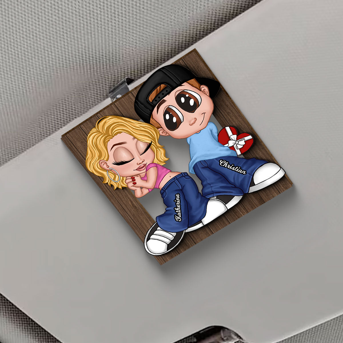 Y2K Couple Frame Personalized 2-layer Wooden Car Visor,  Gift for Him, Gift for Her