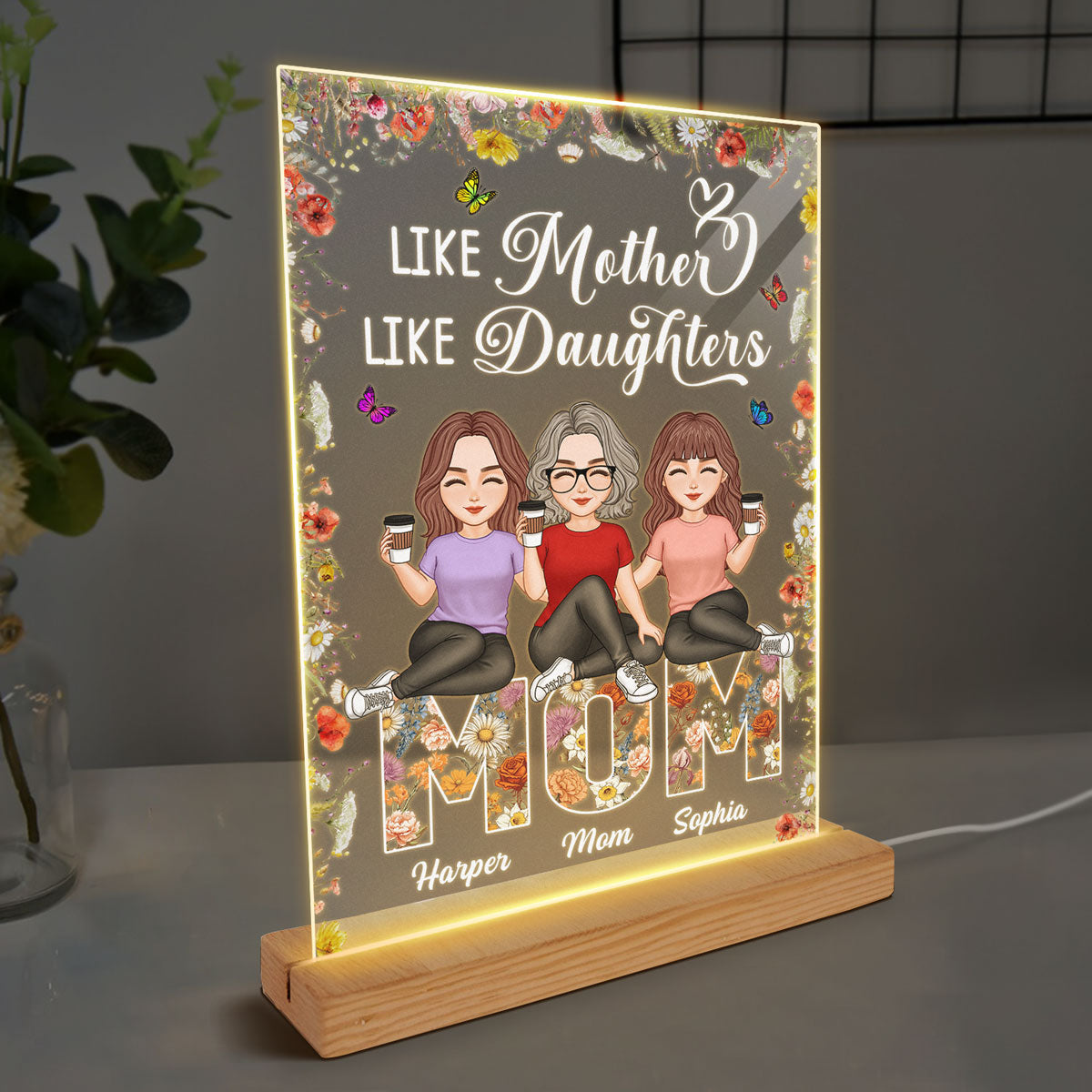 Like Mother Like Daughters Vintage Flowers Word Personalized Rectangle Acrylic Plaque LED Night Light
