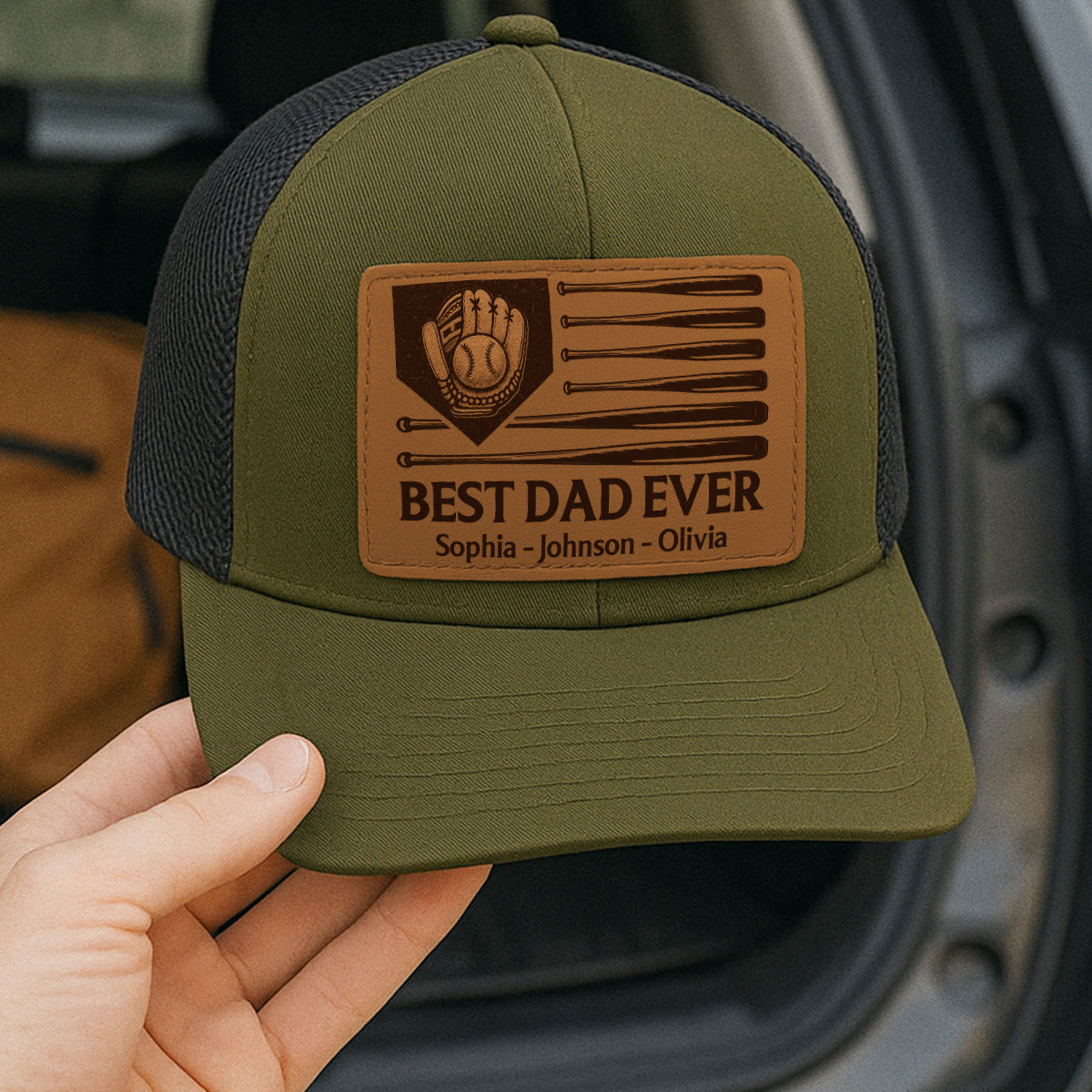Dad's Home Run Best Dad Ever Baseball Themed Personalized Leather Patch Hat