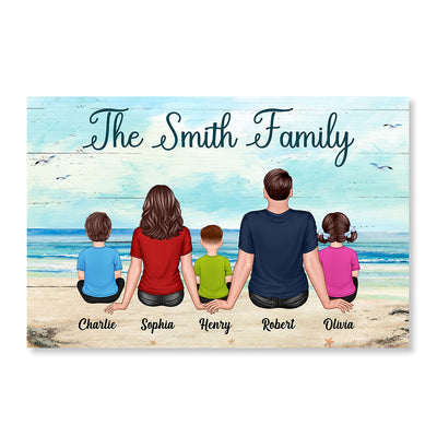 Whole Family Dad Mom Kids Dogs Cats Sitting Beach Landscape Personalized Horizontal Poster