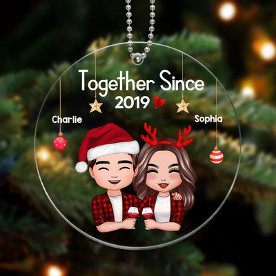 Christmas Doll Couple Hugging Holding Drinks Personalized Acrylic Ornament