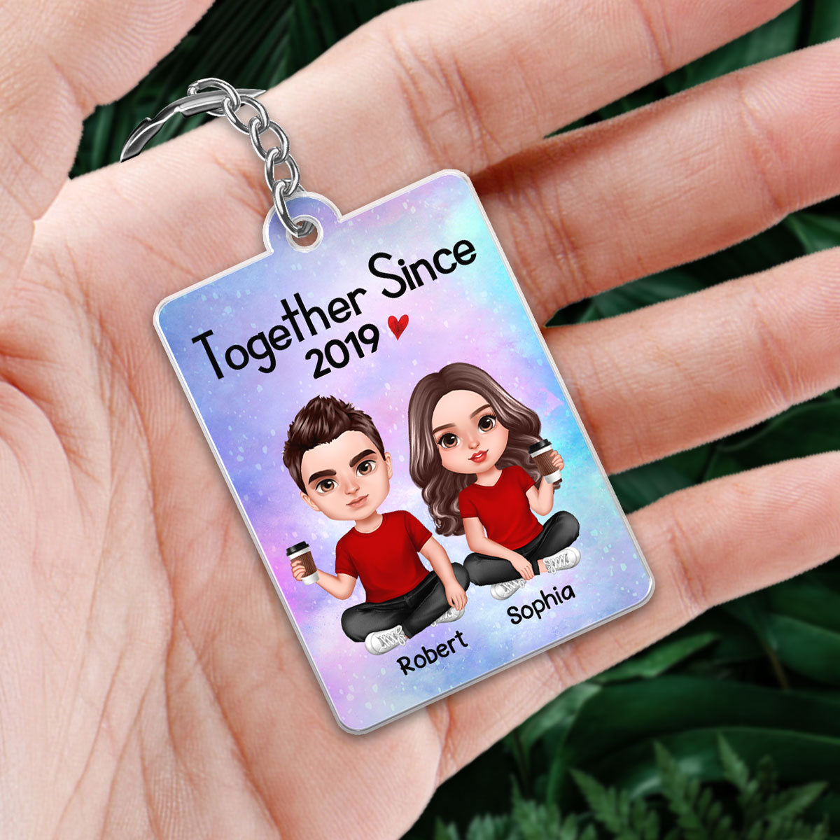 Galaxy Realistic Doll Couple Sitting Favorite Song QR Code Personalized Acrylic Keychain