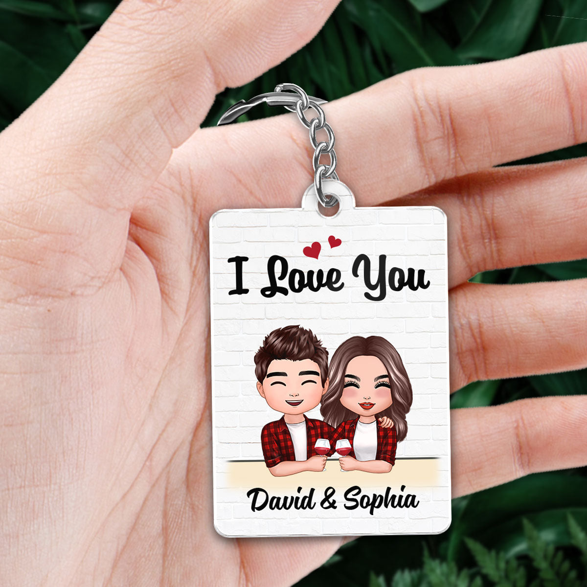 Doll Couple Hugging Holding Drinks Personalized Acrylic Keychain