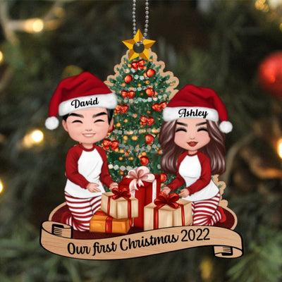 Doll Couple Decorating Christmas Tree Personalized Wooden Ornament