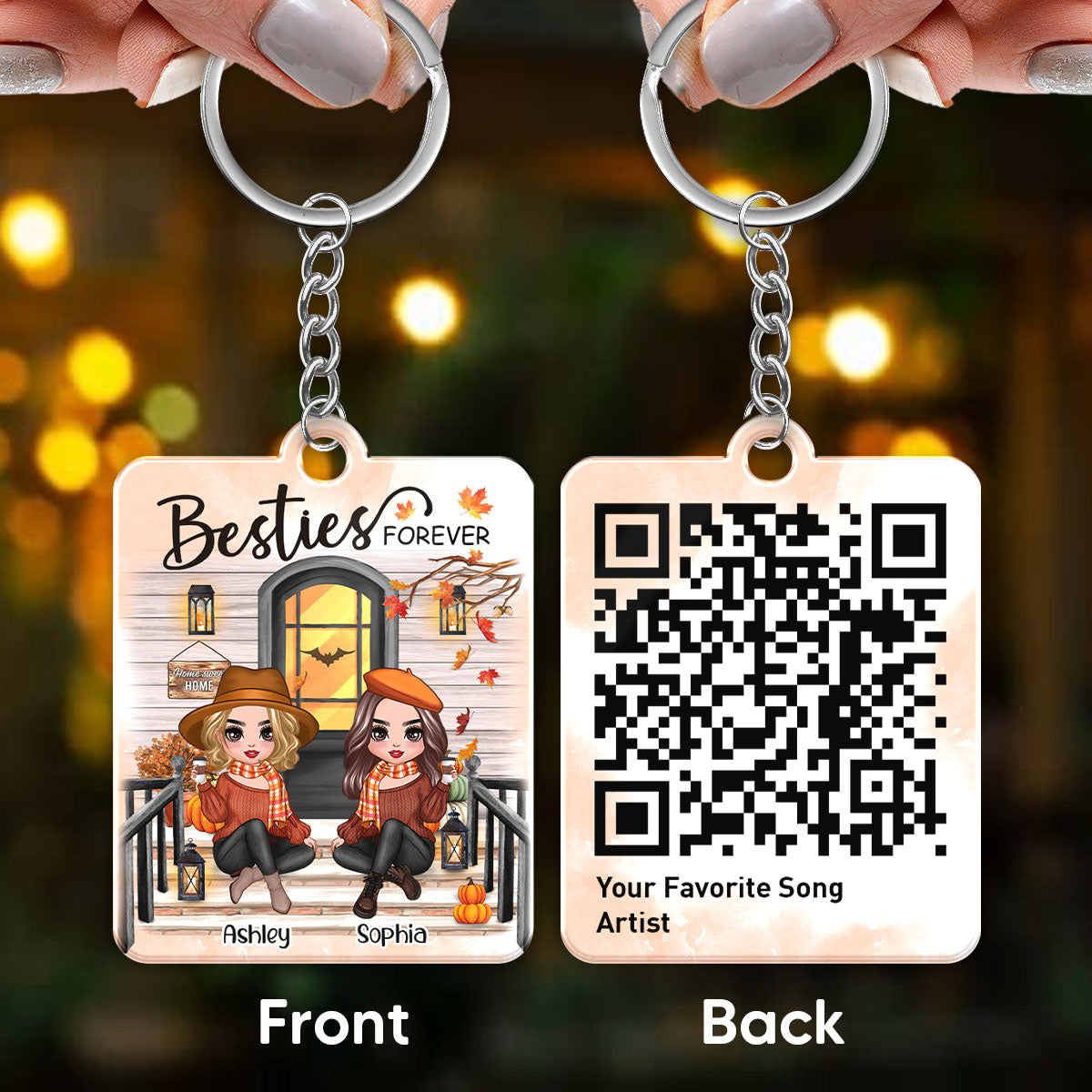Fall Season Best Friends Sisters Front Porch Favorite Song Scannable QR Code Personalized Acrylic Keychain