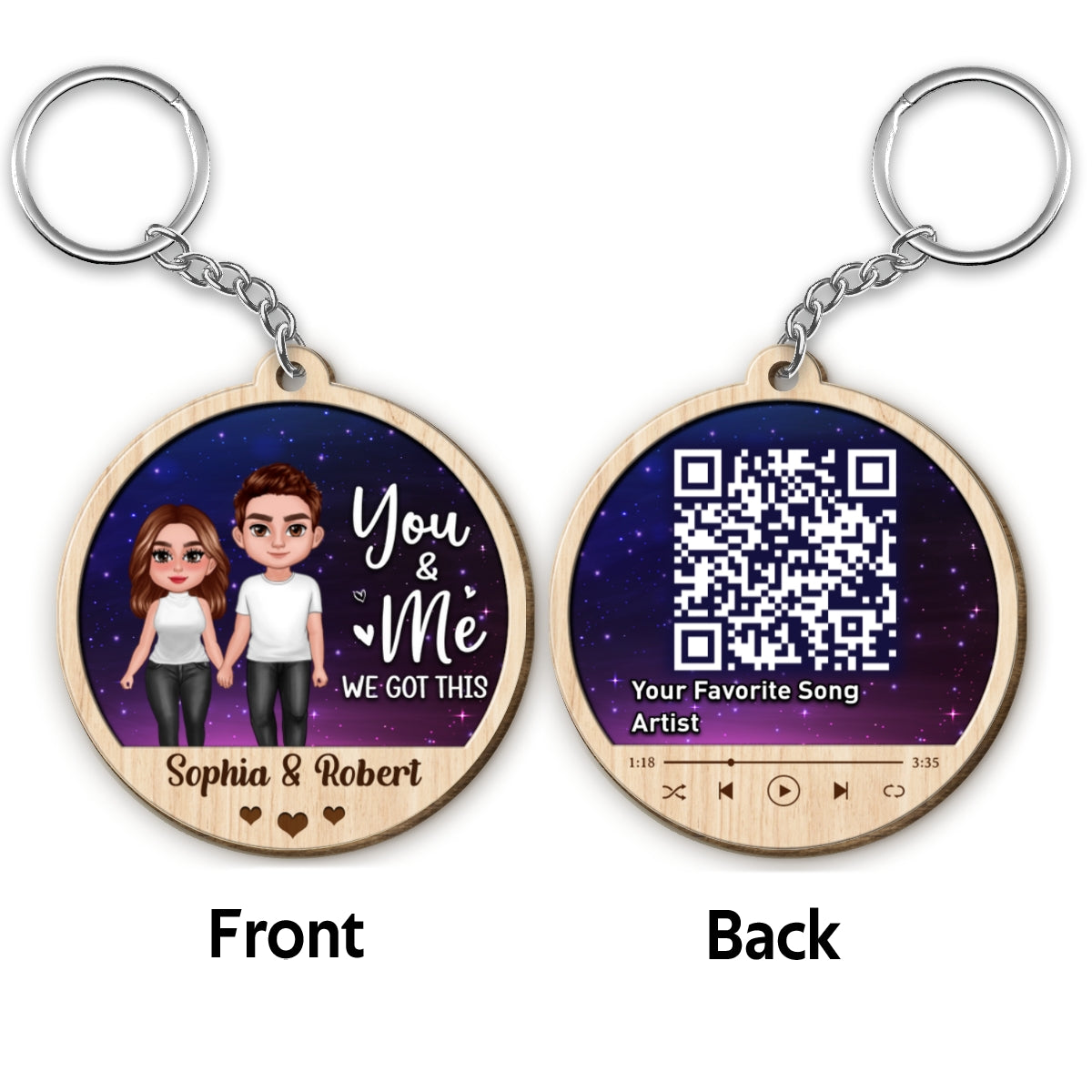 Doll Couple Standing Galaxy Favorite Song QR Code Personalized Circle Wooden Keychain