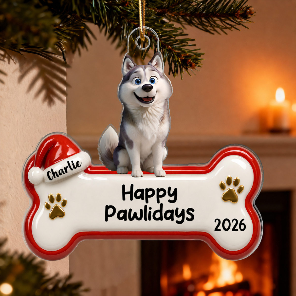 Happy Pawlidays Cartoon Dog 3D Effect - Personalized Acrylic Ornament - Christmas Decor For Dog Lovers