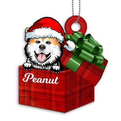 Peeking Dog In Christmas Gift Box Personalized Wooden Ornament