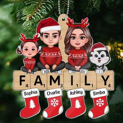 Doll Family Sisting On Word Puzzle Personalized Acrylic Ornament, Christmas Decoration