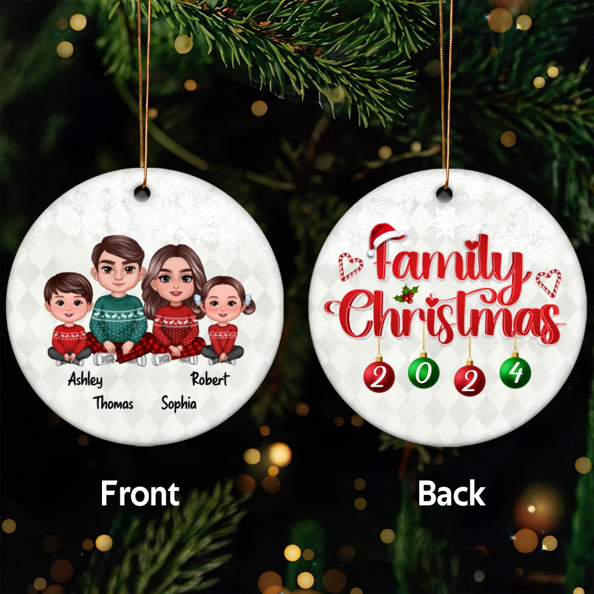 Family Christmas Sitting Crossed Legs Personalized Double Sided Circle Ornament