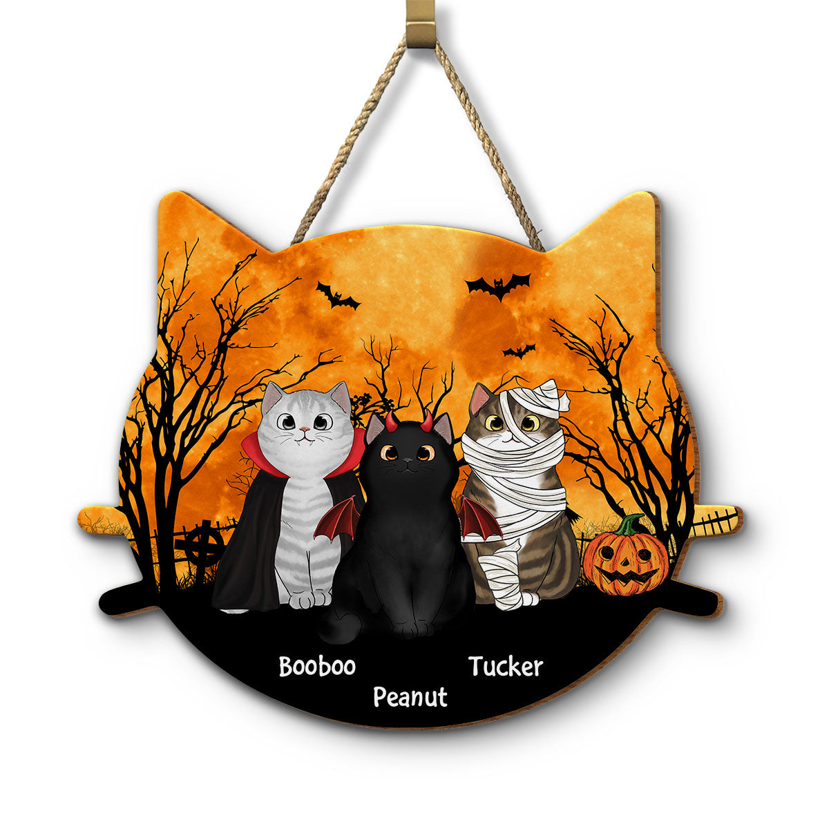 Halloween Cat Face Shaped Personalized Wooden Door Sign, Halloween Decor For Cat Moms