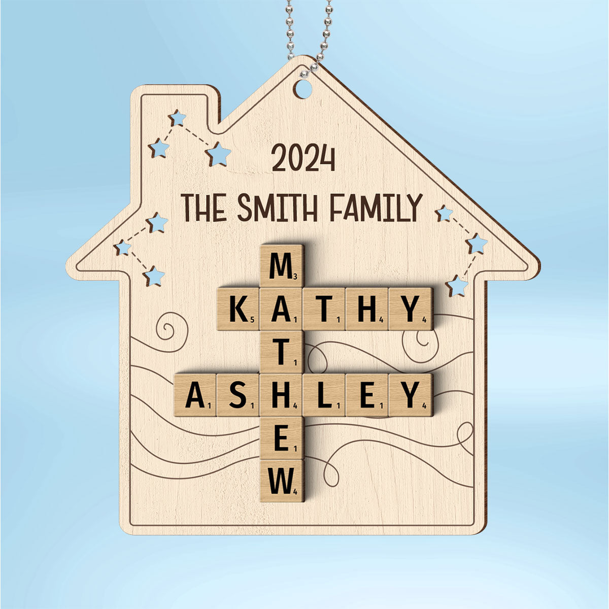 Family House Crossword Puzzle Art, Personalized 2-Layered Wooden Ornament