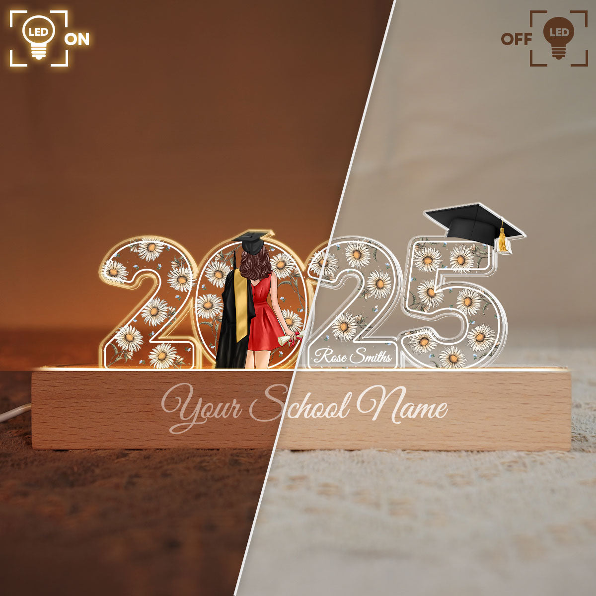 2025 Graduation Senior Birth Month Flowers Personalized Custom Shape Acrylic Block LED Night Light, Graduation Gift