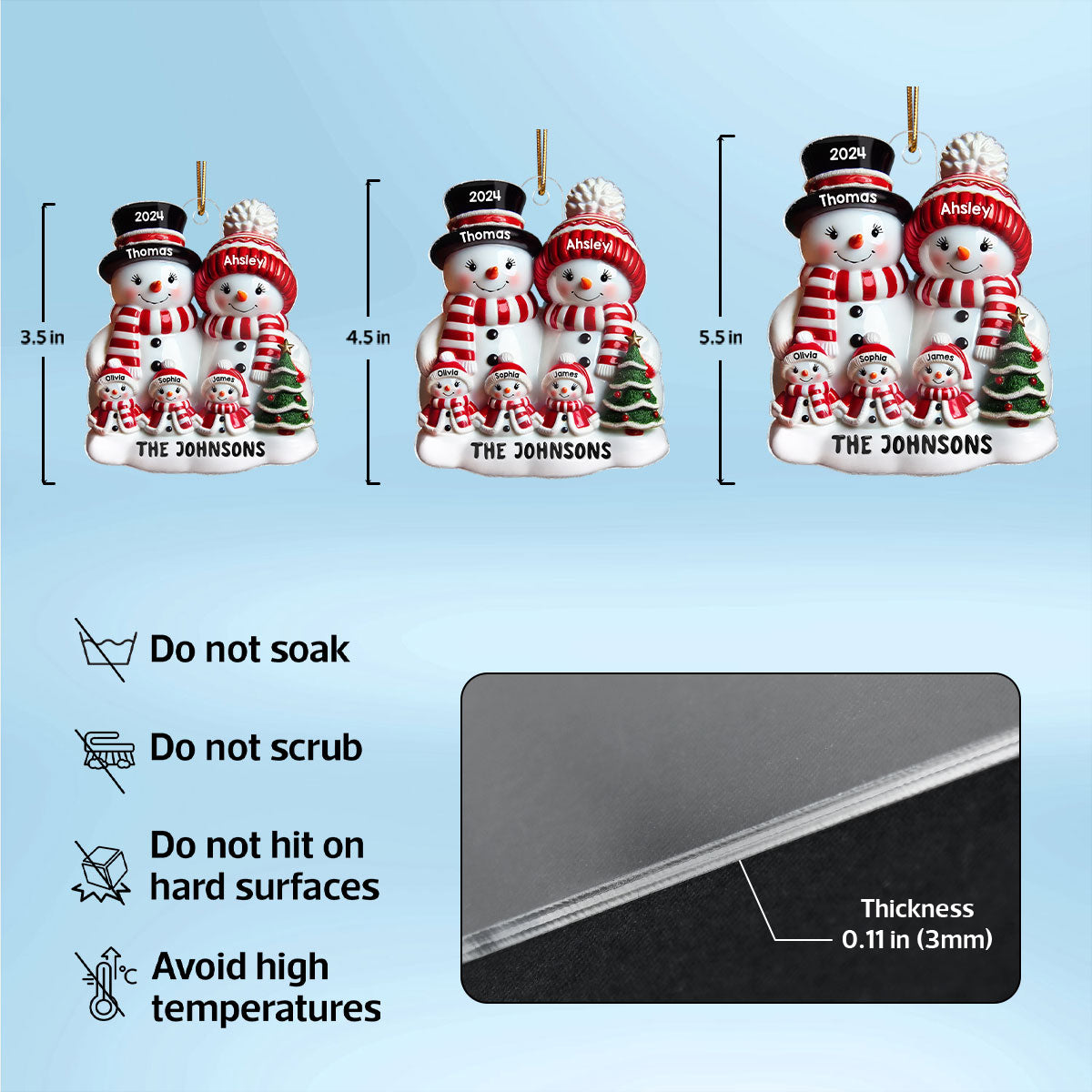 Snowman Family Glossy Effect Christmas Decor Personalized Acrylic Ornament