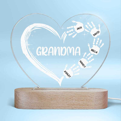 Grandma Mom Heart Hand Print Gift For Grandma - Personalized Heart Plaque LED Night Light - Acrylic LED Lamp