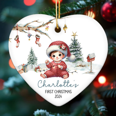 Watercolor Woodland Baby's First Christmas Personalized Heart Shaped Ceramic Ornament, Christmas Gift Keepsake for New Mom New Dad