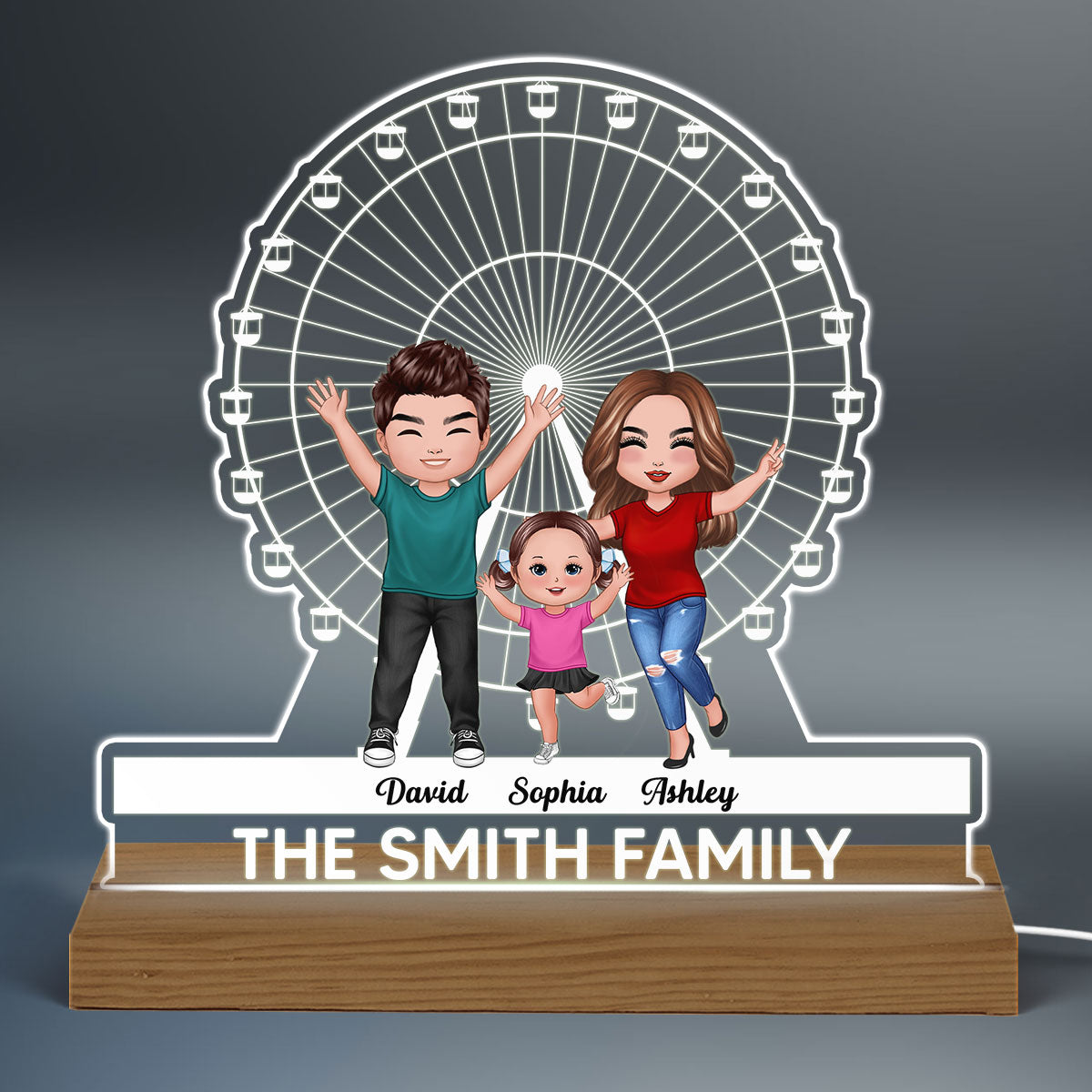 Happy Doll Family And Ferris Wheel Personalized Custom Shaped Acrylic Plaque With Warm LED Night Light