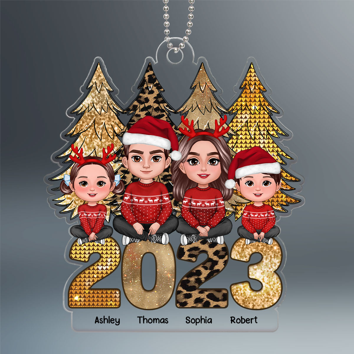Family Sitting Gold Leopard Sparking Christmas Tree Personalized Acrylic Ornament