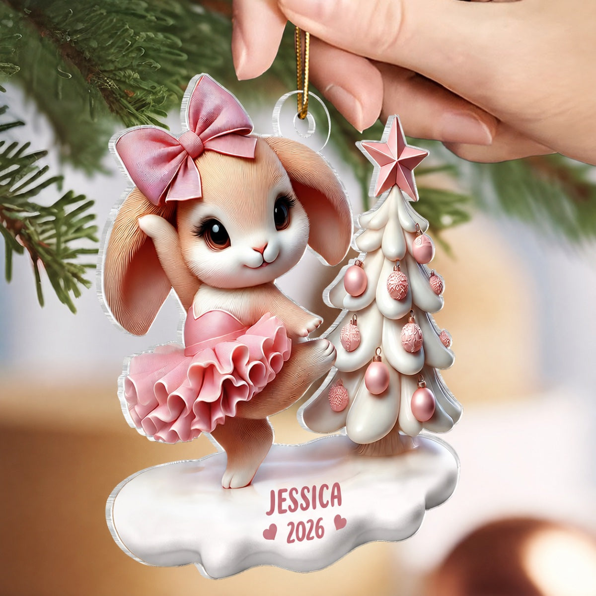 3D Effect Cute Bunny Girl Dancing Christmas Personalized Acrylic Ornament, Christmas Gift For Daughter, Granddaughter