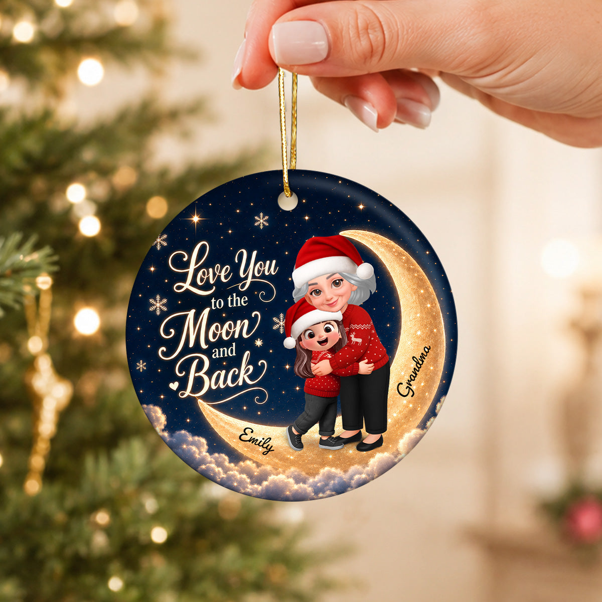 Love You To The Moon And Back Glowing Moon Night - Personalized Circle Ceramic - Christmas Gift For Grandchildren
