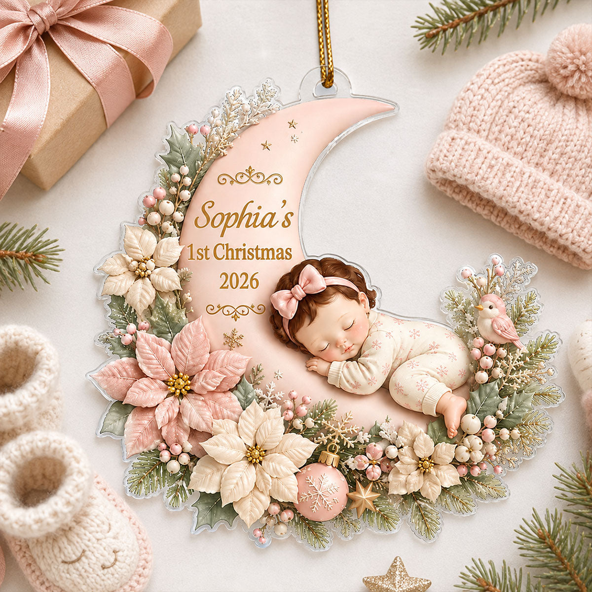 First Christmas Baby Boy Girl on Floral Moon - Personalized Acrylic Ornament - Christmas Gift for New Mom, Dad