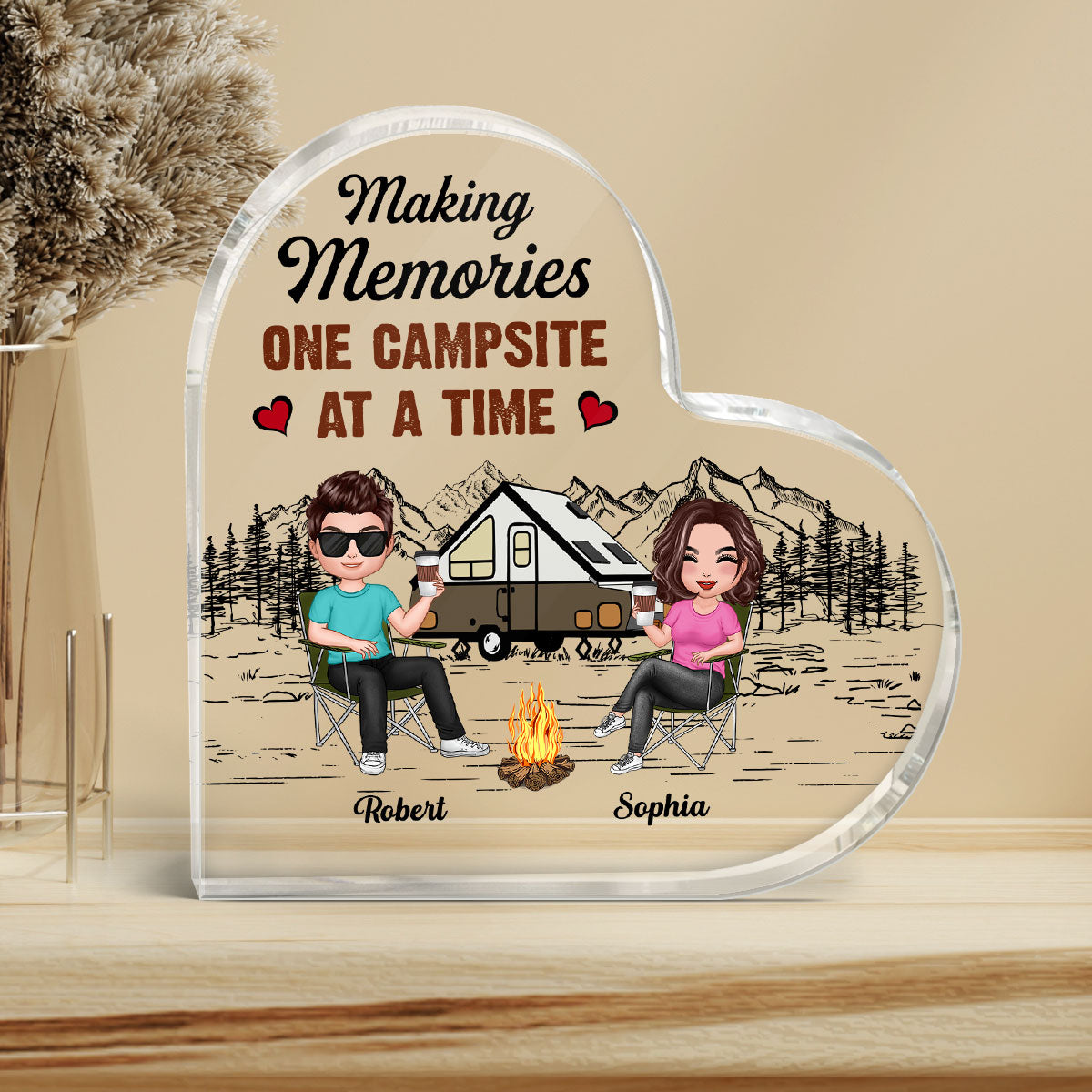 Camping Couple Making Memories Personalized Acrylic Heart Plaque