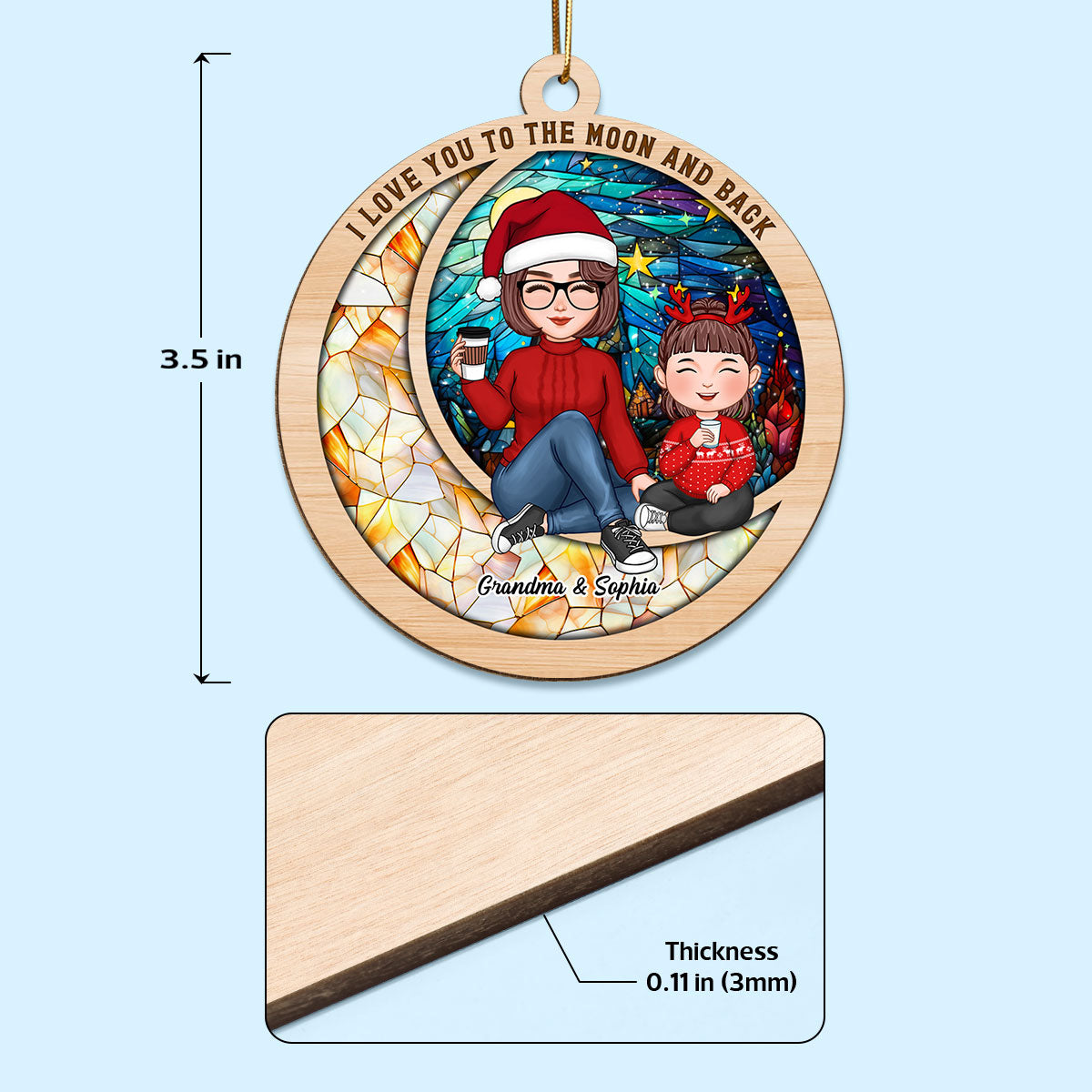 Love You To The Moon Cute Grandma Grandkid On Colorful Moon Personalized Wooden Ornament