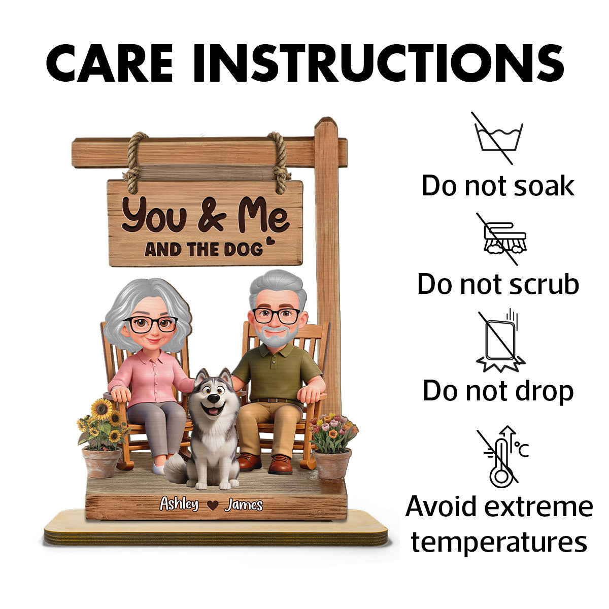 Old Couple On Rocking Chair & Dog 2D Flat - Personalized 2-Layered Wooden Plaque - Anniversary, Valentine's Day Gift For Him, Gift For Her