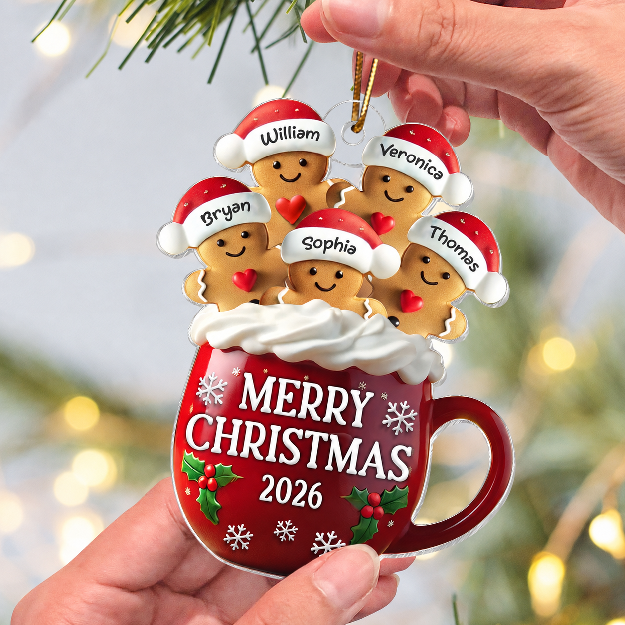 3D Effect Gingerbread Family In Hot Cocoa Christmas Decor Personalized Acrylic Ornament