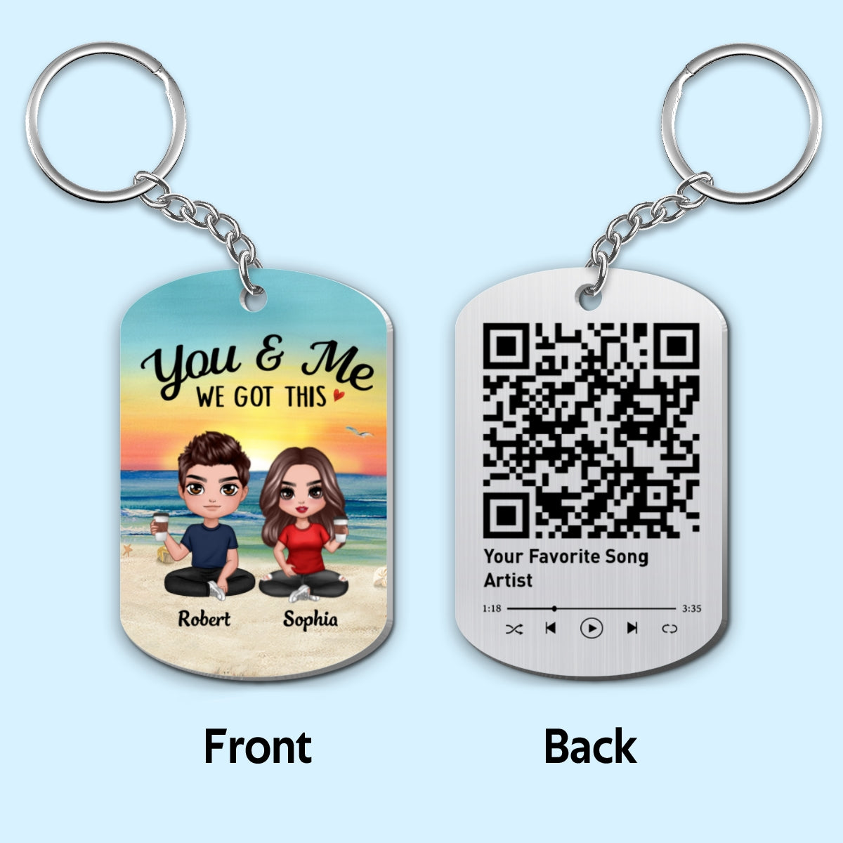 Doll Couple Sitting Together Since Favorite Song Scannable QR Code Personalized Metal Keychain