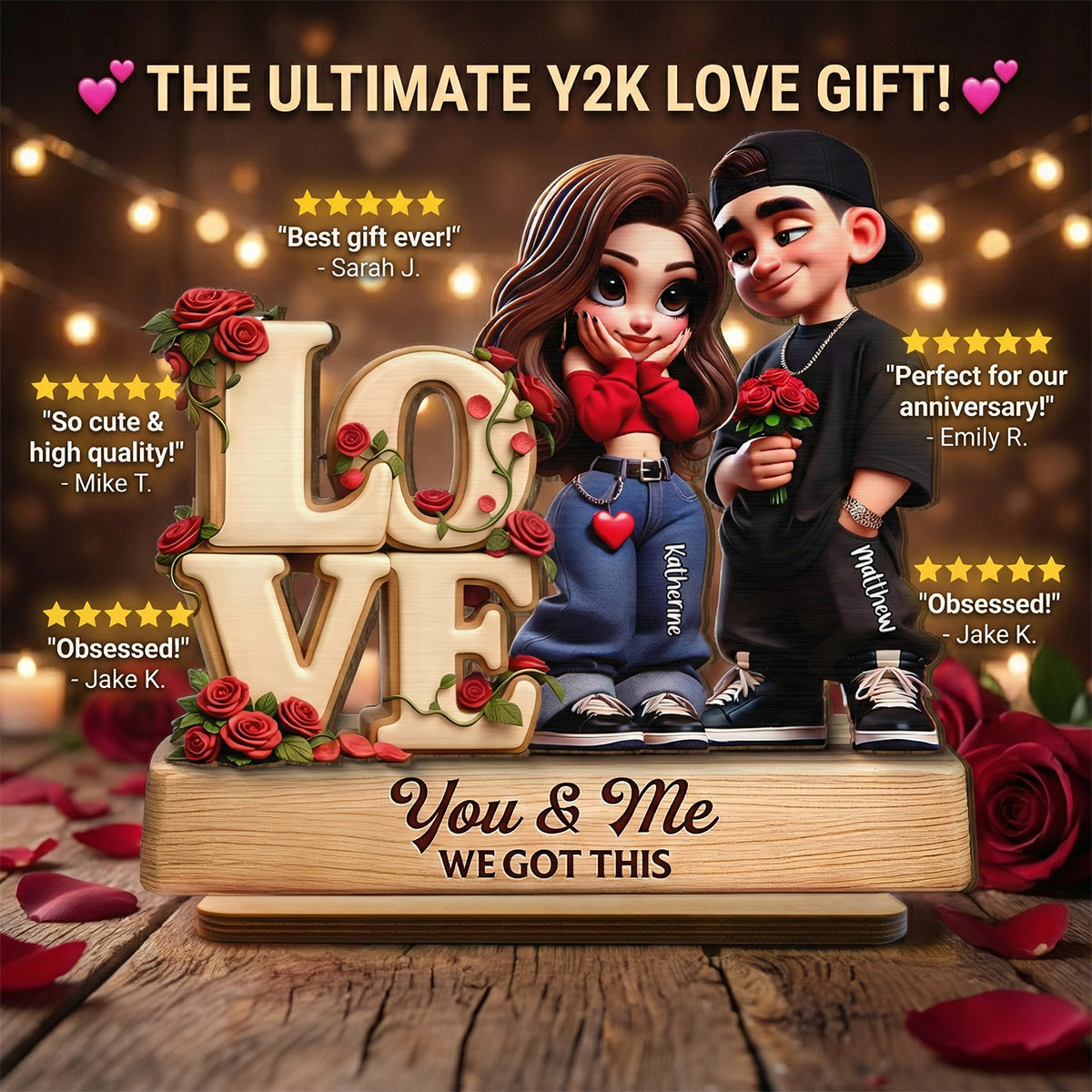 Y2K Couple Love Rose - Personalized 2-Layered Wooden Plaque - Valentine's Day Gift For Couple, For Him, For Her, Nurse, Police, Firefighter, Army