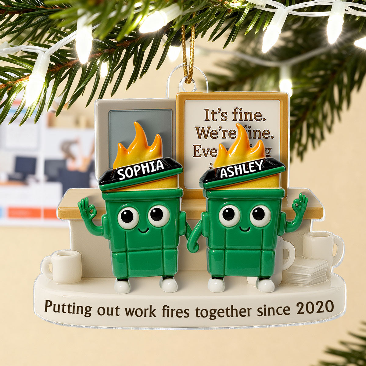 3D Effect Dumpster Fires Putting Out Work Fires Together - Personalized Acrylic Ornament - Funny Gift For Colleagues, Work Besties
