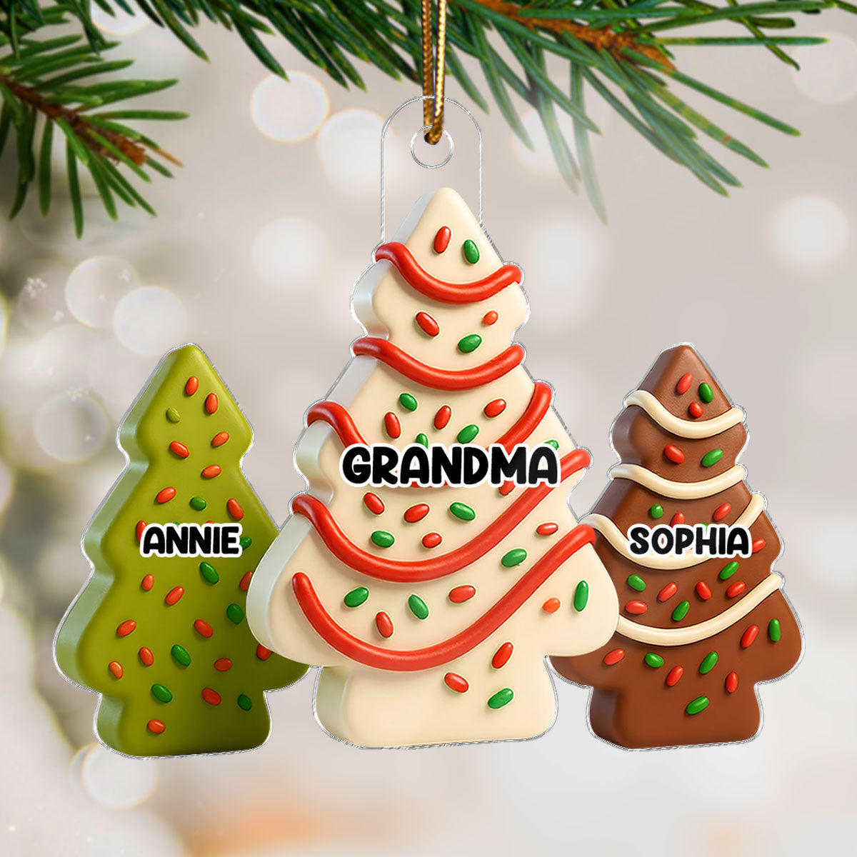 3D Effect Christmas Tree Cakes Grandma Grandkids - Personalized Acrylic Ornament