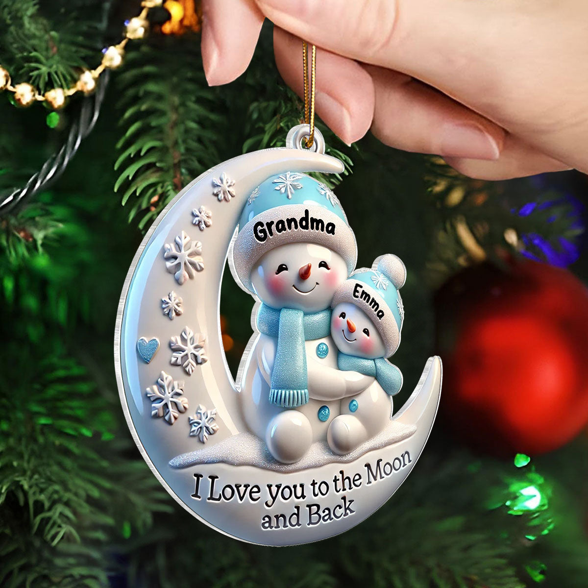 3D Effect Cute Snowmen Grandma & Hugging Grandkid On The Moon Personalized Acrylic Ornament, Christmas Gift For Granddaughter, Grandson