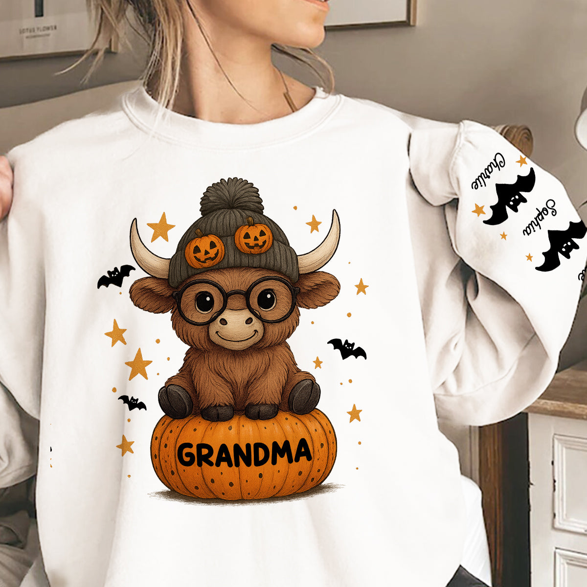 Halloween Highland Cow Grandma Personalized Sleeve Printed Sweatshirt