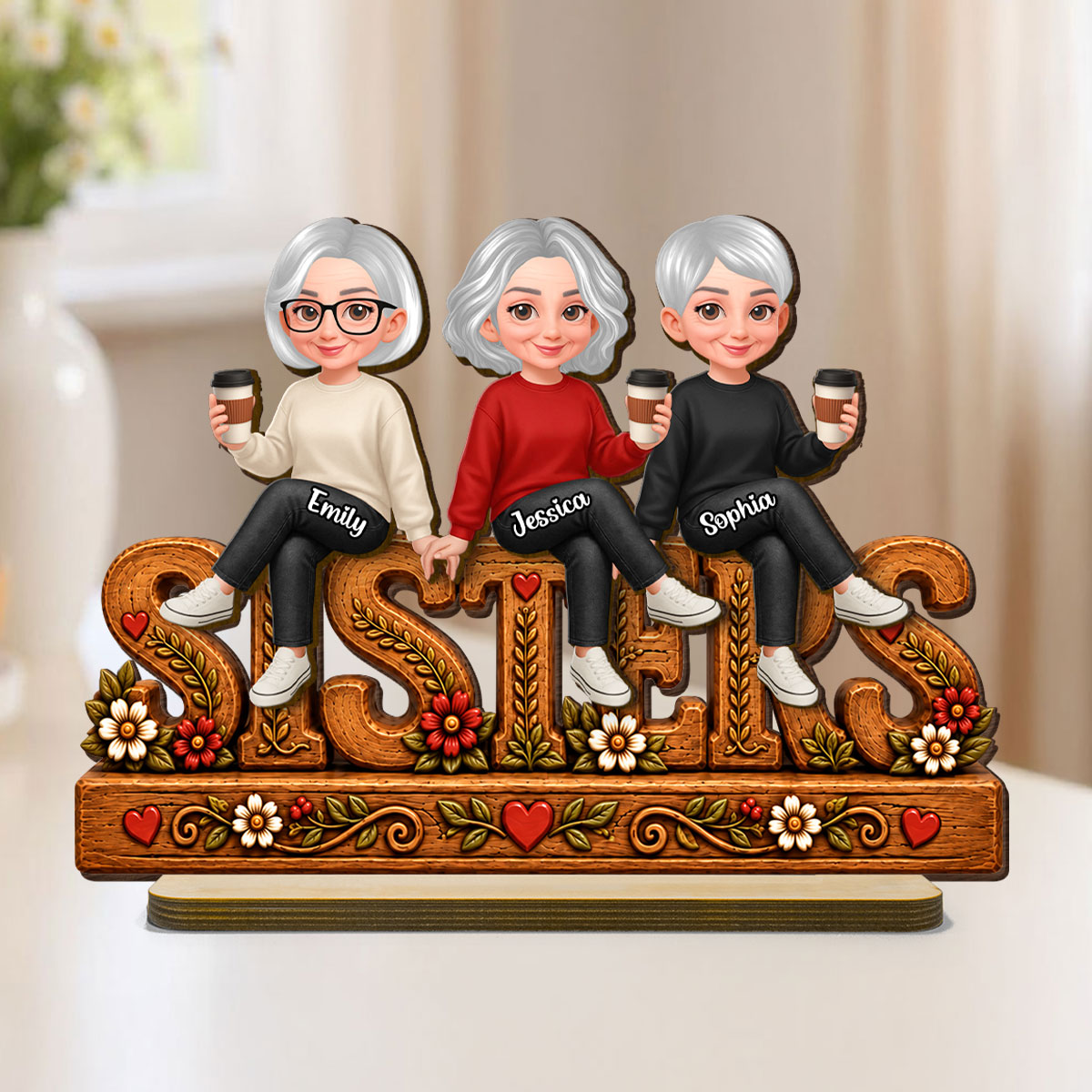 Floral Sisters Forever - Personalized 2-Layered Wooden Plaque - Christmas Gift, Birthday Gift For Sisters
